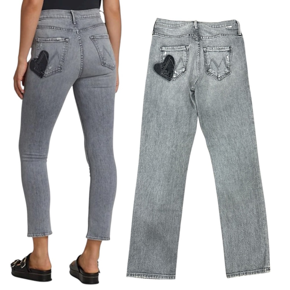 Mother Denim Button Fly Dazzler Shadows in the Grass Grey Heart Ankle Jeans 25